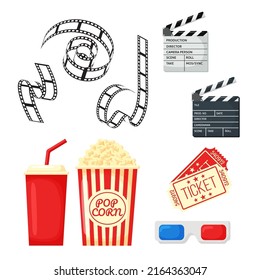 Cinema elements set. Tickets, popcorn bucket, megaphone, 3D glasses, clapperboard, montage tape. Vector illustration for cinema theater, film industry, show, movie making concept