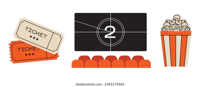 Conjunto de elementos de cine. Entradas, cubo de palomitas, pantalla de cine. Ilustración vectorial para el cine, el cine, el espectáculo, el concepto de cine. Ilustración vectorial plana aislada en el fondo