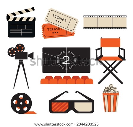 Cinema elements set. Tickets, popcorn bucket, 3D glasses, clapperboard, montage tape, video camera, director chair. Vector illustration for cinema theater, film, show, movie making concept isolated