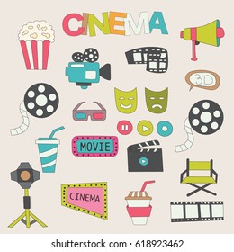 Cinema elements stickers set. Hand drawn colorful doodle elements vector illustration