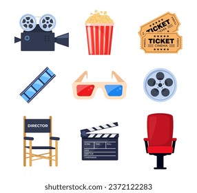 Cinema elements. Tickets, popcorn bucket, 3D glasses, clapperboard, montage tape, video camera. Vector illustration for cinema theater, film industry, show, movie making concept. Vector illustration