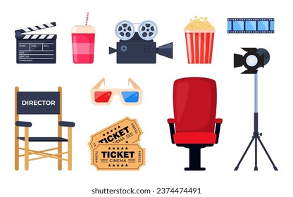 Cinema elements. Tickets, popcorn bucket, 3D glasses, clapperboard, montage tape, video camera. Vector illustration for cinema theater, film industry, show, movie making concept. Vector illustration