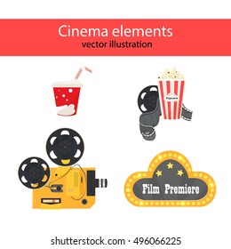 Cinema elements. Vector illustration of the film premiere banner, popcorn and filmstrip, paper cup of soda, movie projector isolated on white background.