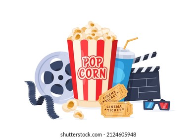 Cinema elements. Vector movie background with popcorn icon, drink, clapperboard, 3d glasses, film-strip, tickets. Cartoon Illustration for film industry, cinematography, movie night festival