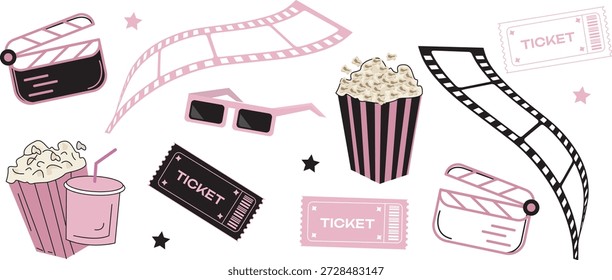 Conjunto de Vector de Elementos de cine: palomitas de maíz, tira de película, entradas de cine y clapperboard aislados sobre fondo transparente. Estilo rosa y negro.