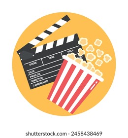 Cinema emblem with an open clapper board and popcorn bucket. Round yellow background. Vector illustration in flat style