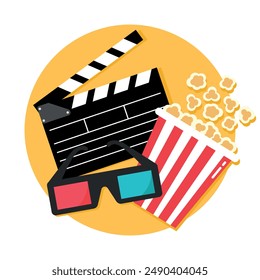 Cinema emblem with an open clapper board, popcorn bucket and 3d glasses. Round yellow background. Vector illustration in flat style