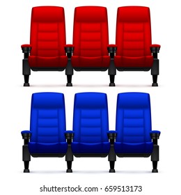 Cinema empty comfortable chairs. Realistic movie seats vector illustration. Empty chair red and blue for seat cinema theater