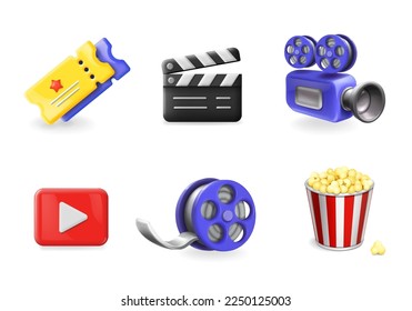 Cinema and Entertainment 3d Icons Set. Film production, clapper, movie camera, pop corn, show tickets