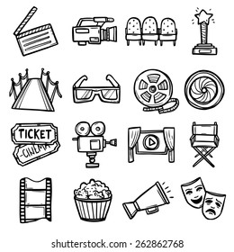 Cinema and entertainment arts hand drawn decorative icons set with clapperboard camera chairs award isolated vector illustration