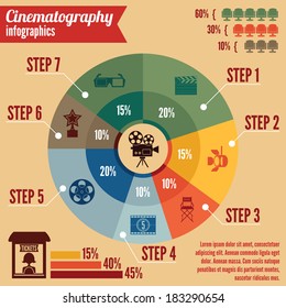 Cinema entertainment business infographics design elements for presentation layout with icons and charts vector illustration