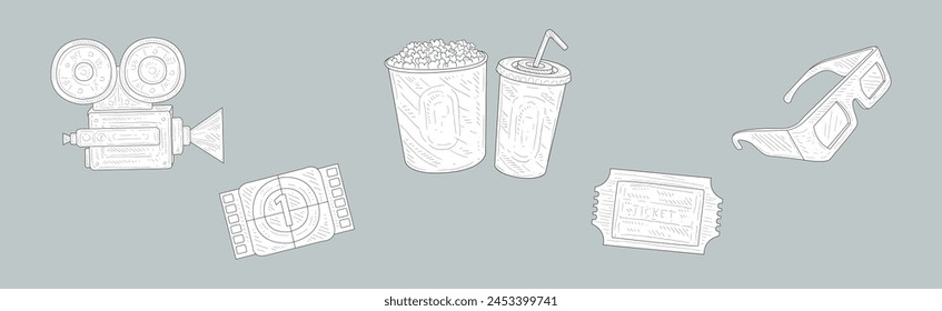 Cine y entretenimiento con cámara, palomitas de maíz, boleto y gafas 3D dibujado a mano elemento Vector conjunto