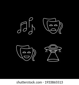 Cinema entertainment categories white linear icons set for dark theme. Movie and film genres. Night mode customizable thin line symbols. Isolated vector outline illustrations. Editable stroke