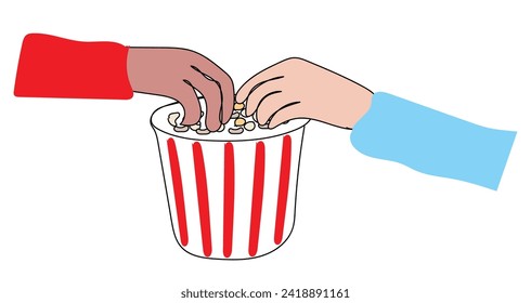 Cinema and entertainment concept. Young couple boy and girl wearing 3d special glasses sitting watching movie in cinema club eating popcorn having fun vector illustration. Movie date night. Relaxation