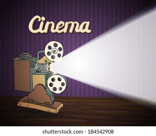 Cinema entertainment doodle concept poster with retro camera projector and beam of light vector illustration