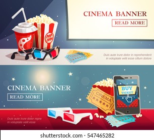 Cinema entertainment flat horizontal banners with decorative elements of modern cinematography in retro style vector illustration