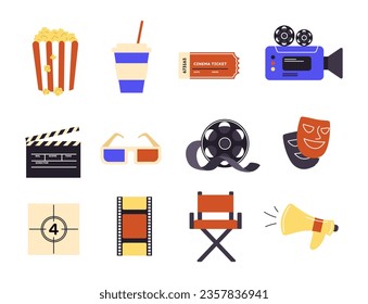 Iconos de entretenimiento cinematográfico. Piel de cámara y maíz pop con soda, gafas 3d, clapperboard. Equipo para la producción de películas y series. Colección vectorial plana de dibujos animados aislada en fondo blanco