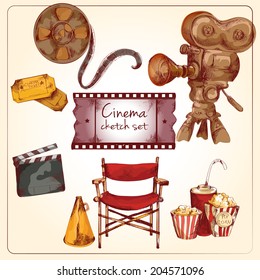 Cinema entertainment media hand drawn elements of film reel director chair camera isolated vector illustration