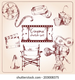 Cinema entertainment media sketch elements of tickets camera popcorn vector illustration