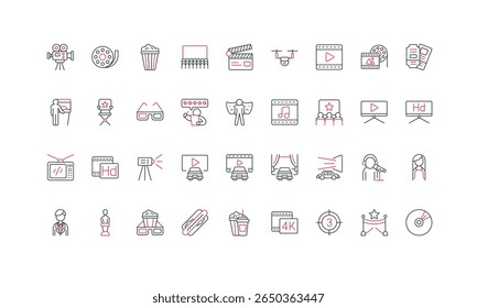 Cinema and entertainment, movie film and performance production, Hollywood celebrity line icon set. Drive in theater, dubbing, start countdown, projector thin black and red symbols vector illustration