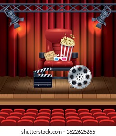 cinema entertainment with pop corn and 3d glasses vector illustration design