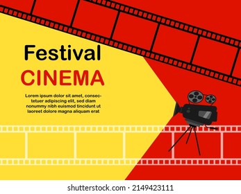 Ilustración de afiches de cine y entretenimiento. festival de cine y cinematografía. Cartel de la película. Proyector de vídeo de fondo, cámara con carrete. Vector