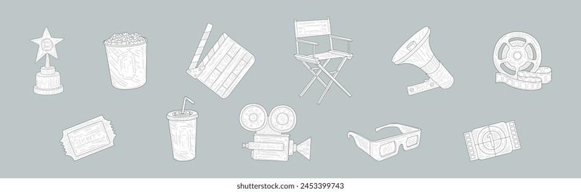 Cinema and Entertainment with Reel, Award, Clapperboard, Director Chair and Megaphone Hand Drawn Element Vector Set