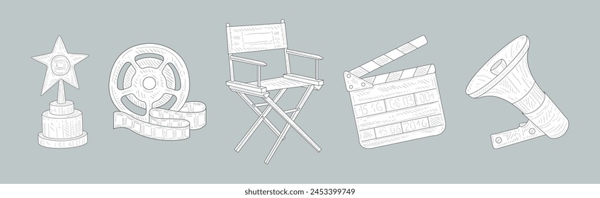 Cinema and Entertainment with Reel, Award, Clapperboard, Director Chair and Megaphone Hand Drawn Element Vector Set