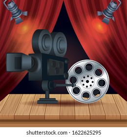 cinema entertainment with reel and camera vector illustration design