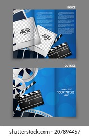 Cinema entertainment reel clapper design in blue color for tri-fold brochure