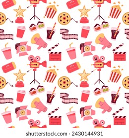 Cinema, entertainment seamless pattern. Film strip, popcorn, drinks, glasses, movie ticket,movie camera. Vector illustration