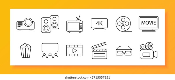Cinema entertainment set icon. Camera, projector, film, clapperboard, 3D glasses, popcorn, monitor, speaker, TV, movie, theater, screen, reel, video, show, production, director, media, sound, visual.