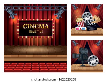 cinema entertainment with set scene icons vector illustration design