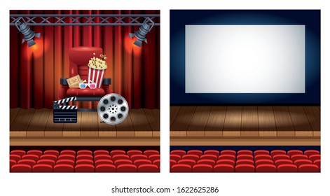 cinema entertainment with set scene icons vector illustration design