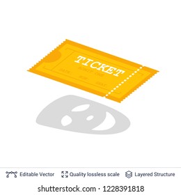 Cinema entry ticket icon isolated on white. Laughing mask shaped drop shadow as symbol for Comedy movie.