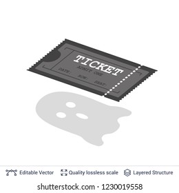 Cinema entry ticket icon isolated on white. Ghost shaped drop shadow as symbol for Horror movie.