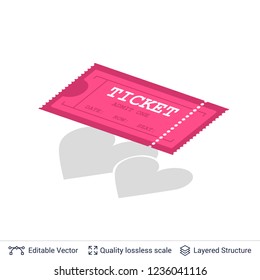 Cinema entry ticket icon isolated on white. Hearts shaped drop shadow as symbol for Romantic movie.