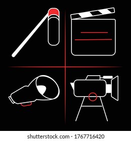 Equipo de cine: cartón, altavoz, micrófono y cámara. Aislado sobre un fondo negro. Iconos vectores de un estilo. Las ilustraciones se pueden usar para el sitio de cine, tarjetas de visita y blog.
