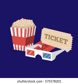 Cinema equipment. Popcorn, glasses and tickets vector illustration