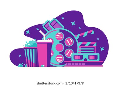 Cinema equipment with ticket, pop corn, stereo glasses, soda, cassette. Concept isolated tool for movie, fast food for holiday and relaxing. Vector illustration.