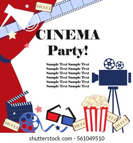 Cinema event background. Flat movie background with cinema attributes. Film strip, camera, reel, masks, popcorn, and 3D glasses