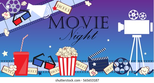 Cinema event background. Flat movie background with cinema attributes. Film strip, camera, reel, masks, popcorn, and 3D glasses