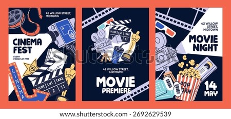 Cinema event posters designs set. Advertising templates of movie screening in theater. Promotion layout of Hollywood fest of films with items, elements of cinematography. Flat vector illustrations