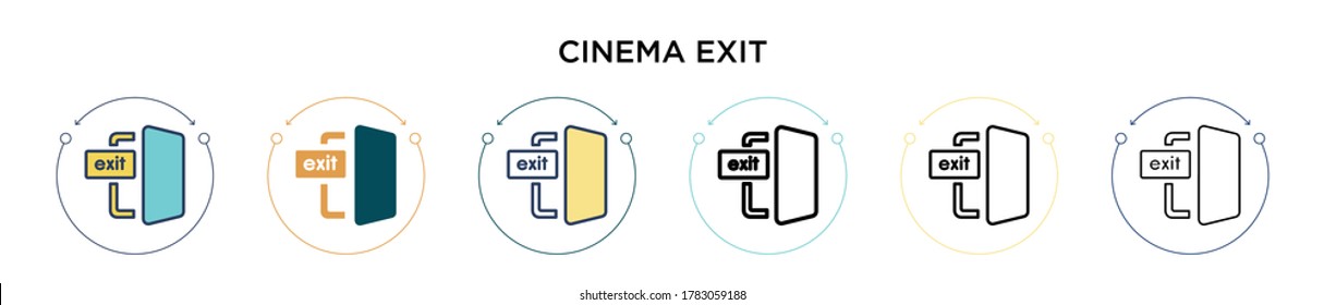 Cinema exit icon in filled, thin line, outline and stroke style. Vector illustration of two colored and black cinema exit vector icons designs can be used for mobile, ui, web