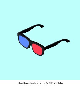 Cinema eyeglasses. Vector. Isometric icon. Isometric cinema glasses isolated on blue background. 3d anaglyph glasses. Red and blue.