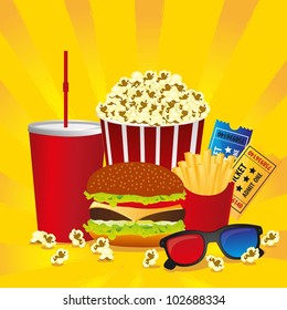 Cinema fast food combo with a burger french fries, soda, tickets, pop corn and 3d glasses, vector illustration