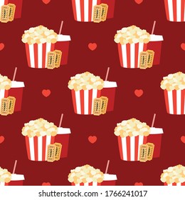 Cinema fast food vector seamless pattern background with popcorn, soft drinks and movie tickets.
