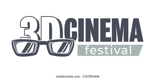 Cinema festival of 3d movies, isolated monochrome banner with glasses. Presentation of new filmstrip on fest, filmmaking industry. Eyeglasses for audience, entertainment and hobby, vector in flat