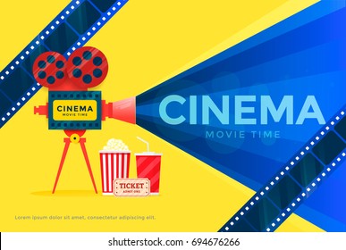 Cinema festival banner. Movie time poster template with camera. Vector illustration