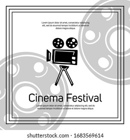 Cinema festival banner template with text space. Retro movie camera vector illustration in doodle style.